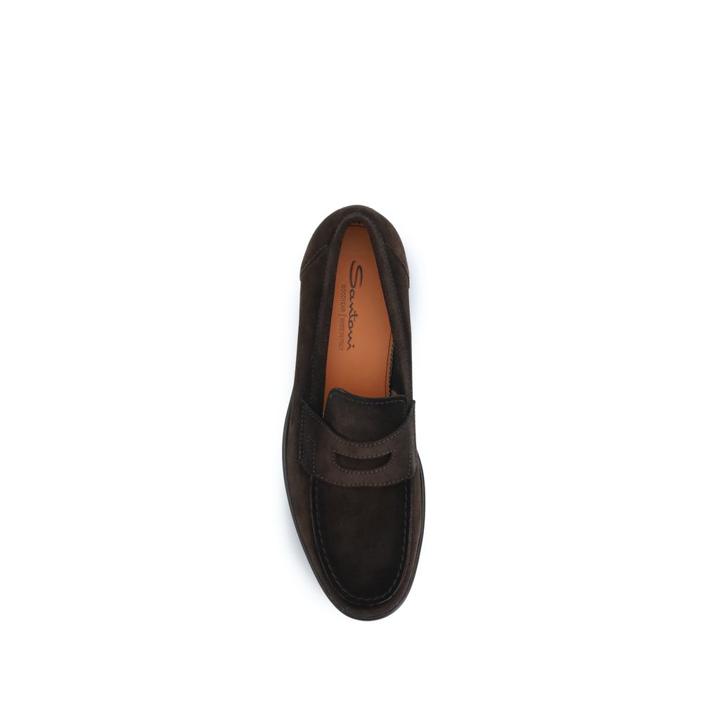 Santoni Brown Calf Leather Bos Taurus Slip-On Loafers