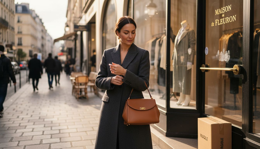 Woman adjusting coat in front of luxury boutique