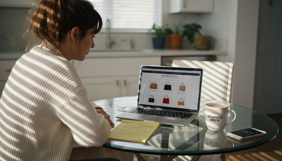 Woman browsing designer handbags on laptop at kitchen table