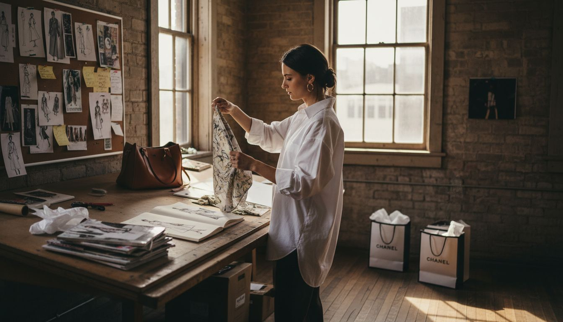 Designer reviewing fabrics with sketches nearby