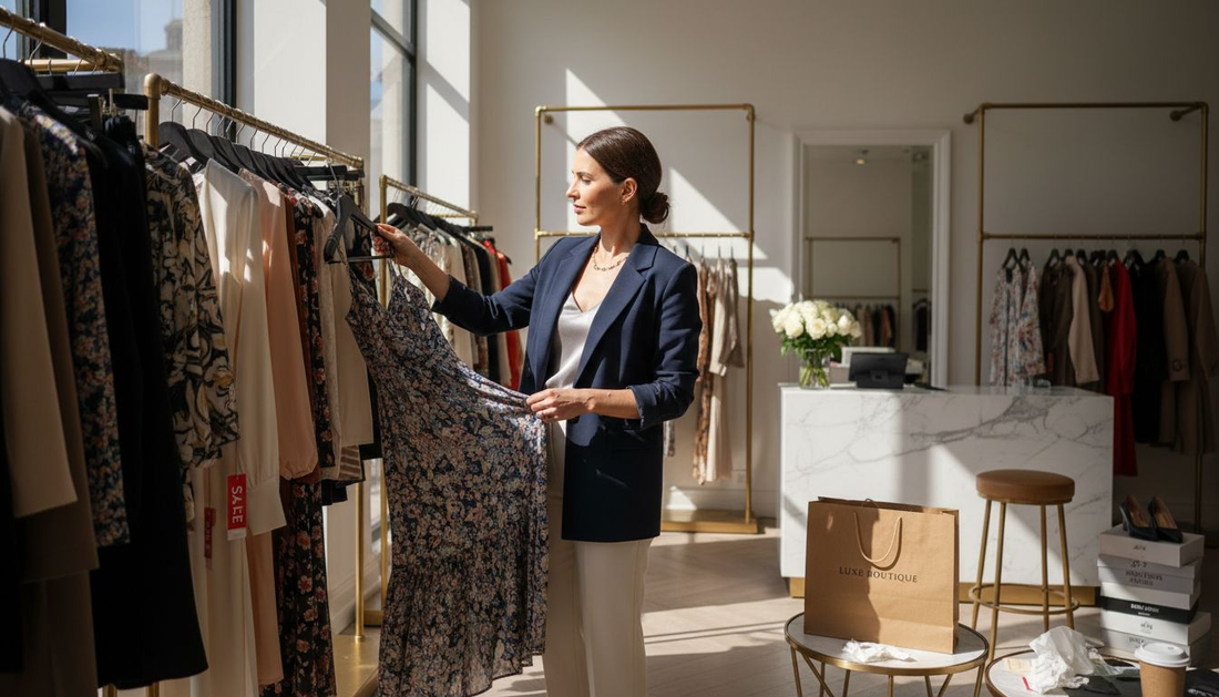 Woman browsing designer sale rack in boutique