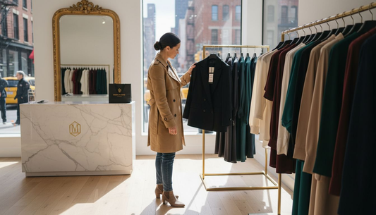 Woman shopping designer labels in boutique