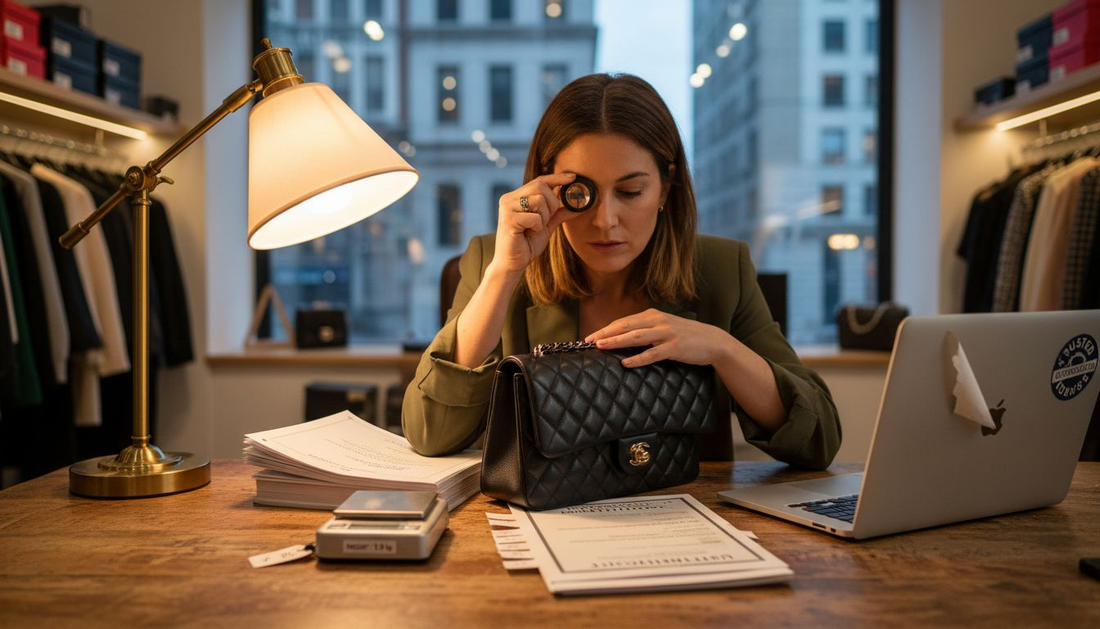 Authenticator examining designer handbag backstage office