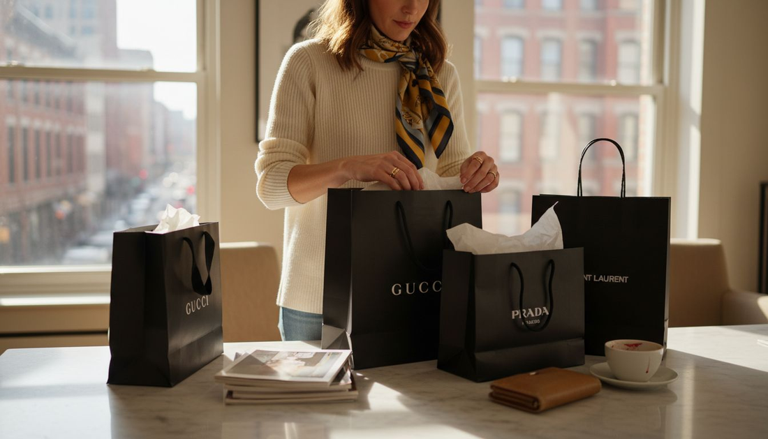 Woman sorting designer shopping bags at table