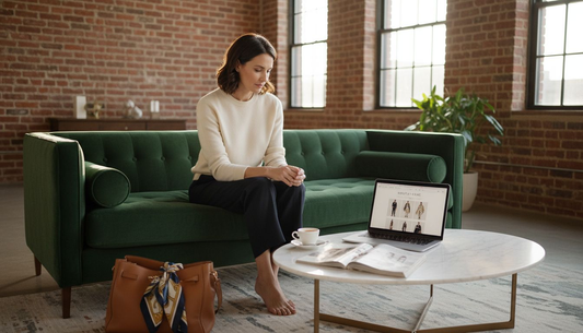 Woman shops luxury brands online at home