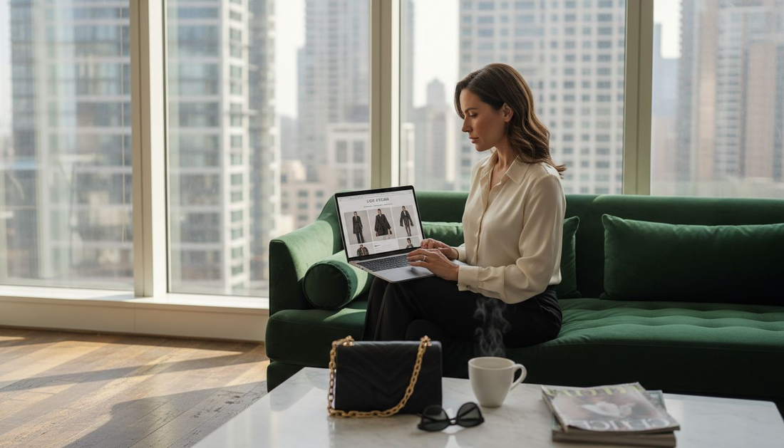 Woman shopping designer deals online at home