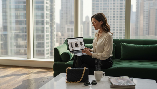 Woman shopping designer deals online at home