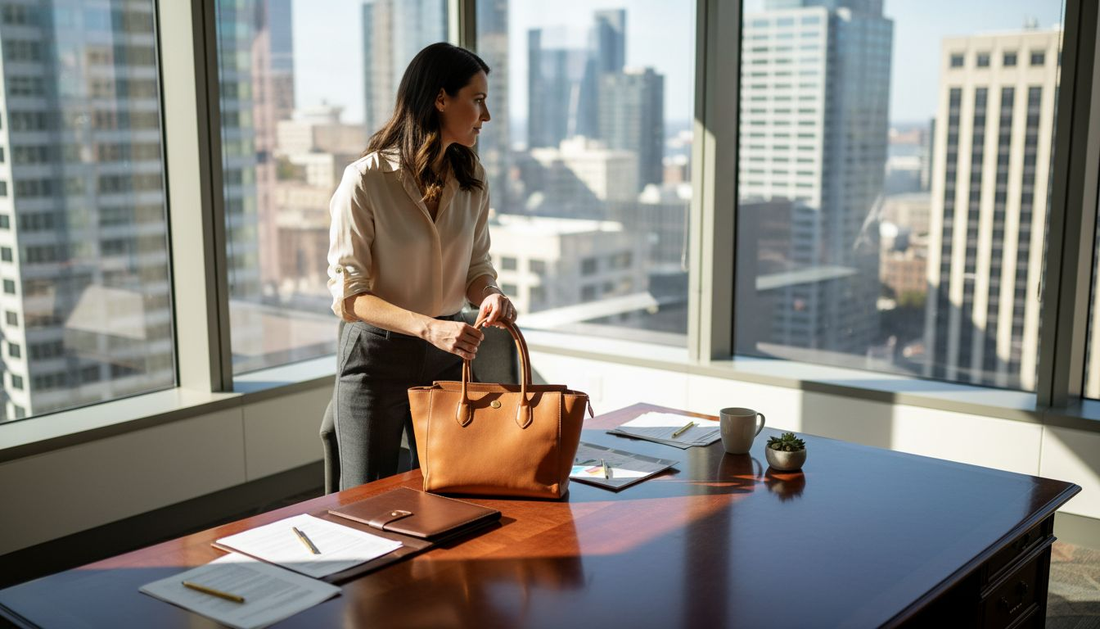 Woman with designer handbag in sunlit office