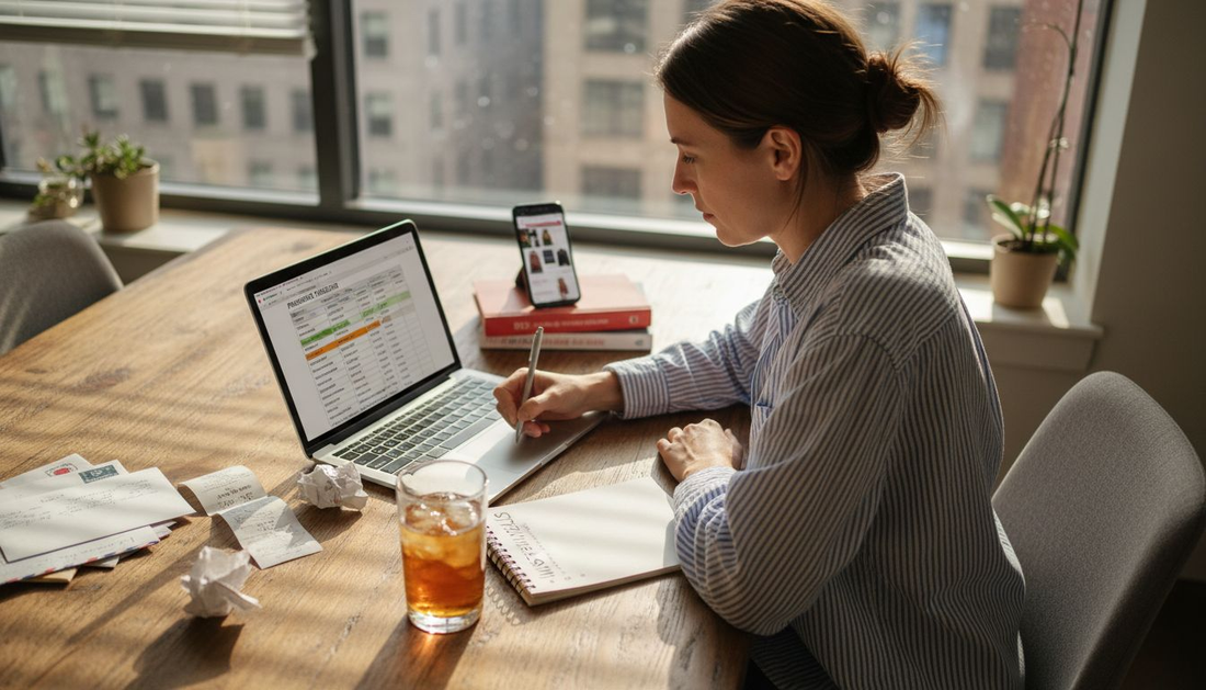 Woman comparing designer sale prices at home