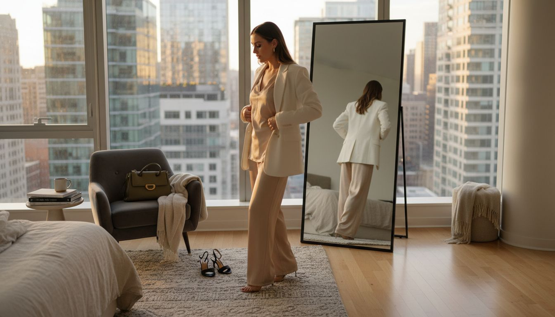 Woman styling designer outfit in high-rise apartment