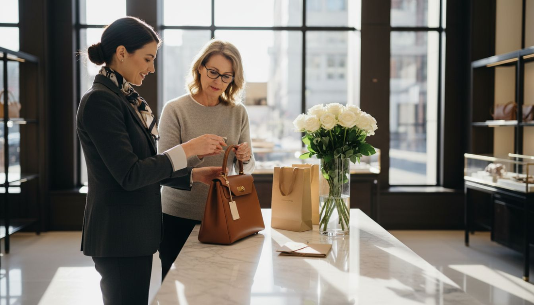 Luxury sales associate presenting designer handbag