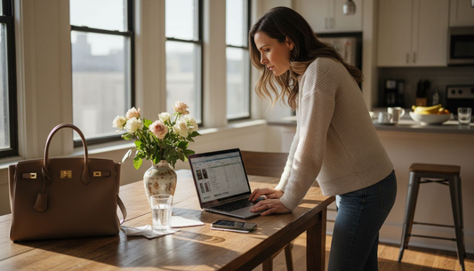 Woman budgeting for luxury shopping in city apartment