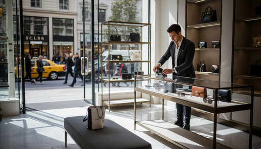 Designer retail associate arranging luxury handbags