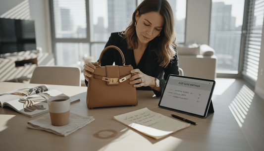 Woman reviews luxury accessories with checklist