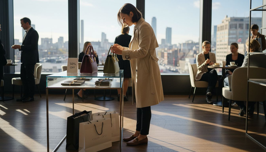 Shopper browsing luxury handbag discounts