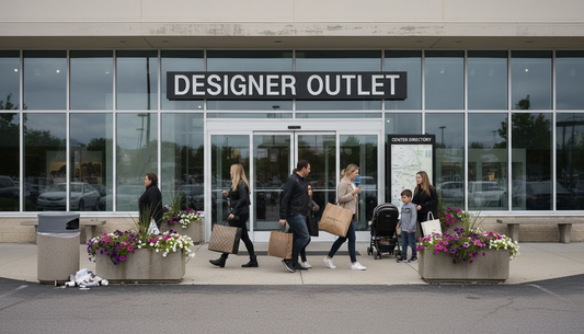 Shoppers outside designer outlet storefront entrance