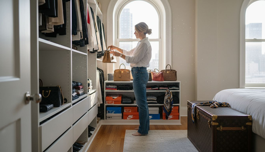 Woman choosing designer handbag in sunlit closet