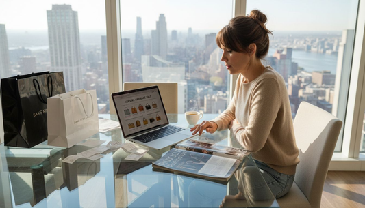 Woman browsing luxury fashion deals online