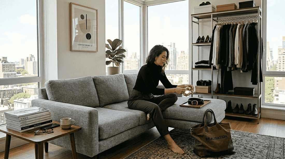 Woman arranging key fashion accessories 2026