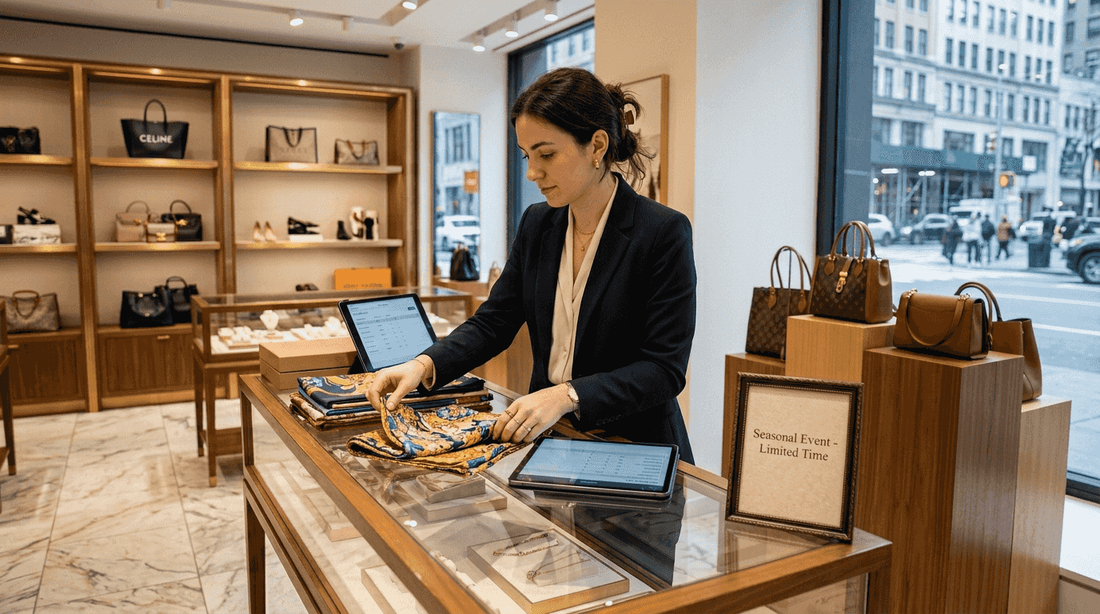 Luxury boutique staff member near discount event sign