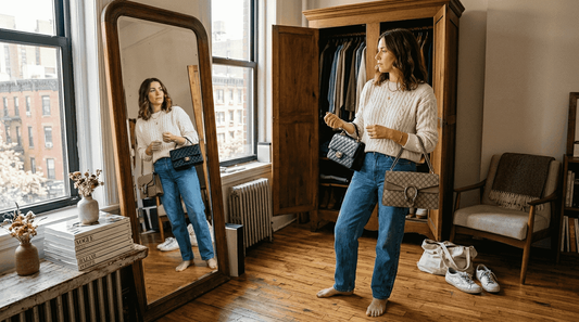 Woman compares two designer handbags in mirror