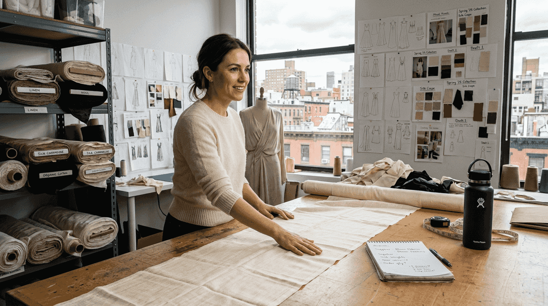 Luxury fashion buyer inspects ethical fabric bolts