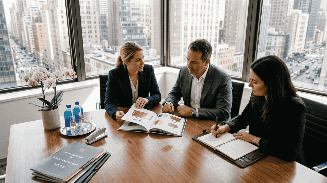 Group reviewing luxury retail terminology in boardroom