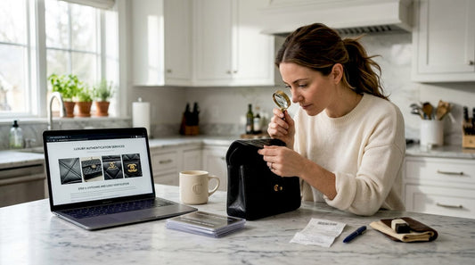 Woman authenticating designer handbag at kitchen island