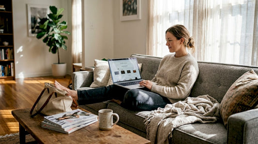 Woman browsing designer deals in living room