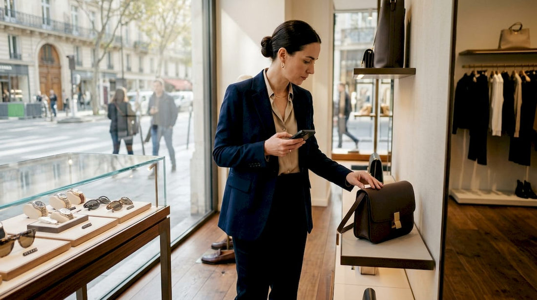Woman inspecting luxury handbag in boutique