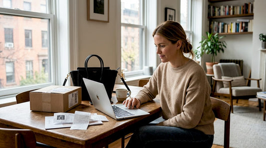 Woman browsing luxury fashion shop at home