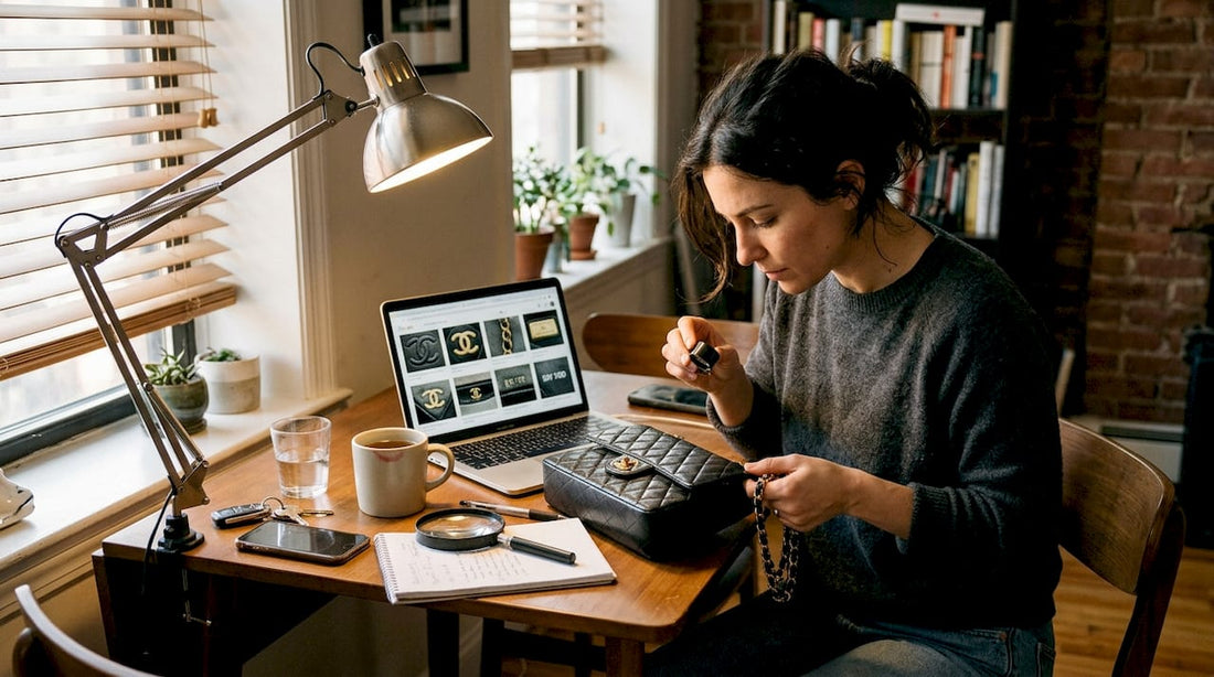 Woman inspecting designer bag for authenticity