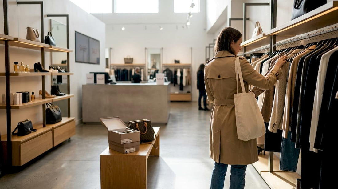 Woman shopping in designer fashion outlet
