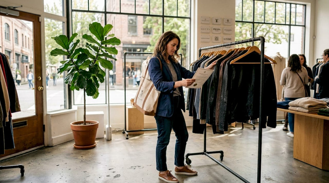 Woman checks clothing authenticity in boutique