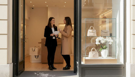 Boutique manager greeting customer near shop entrance