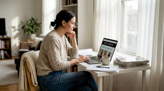 Woman shops designer sales at home