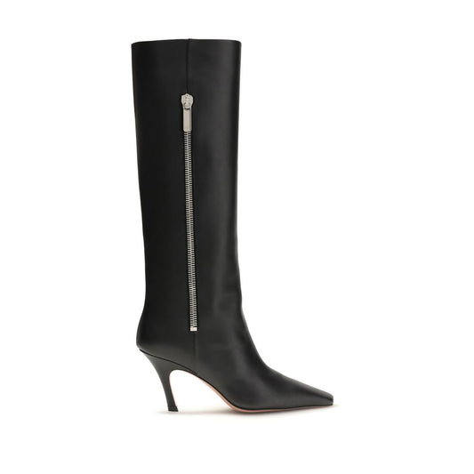 Amina Muaddi Black Calf Leather Bos Taurus High Heel Boots