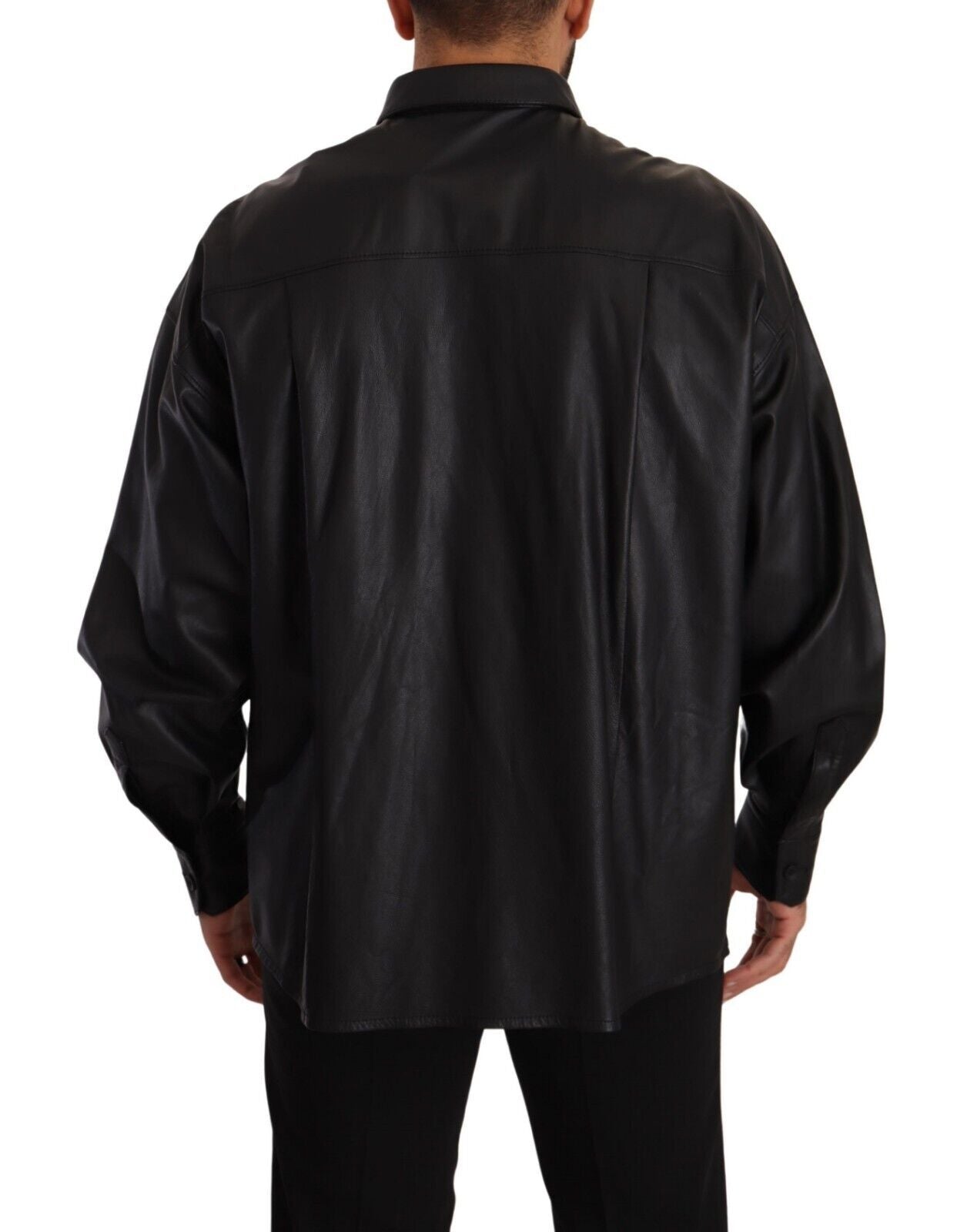 Dolce & Gabbana Black Leather Button Down Men Collared Jacket