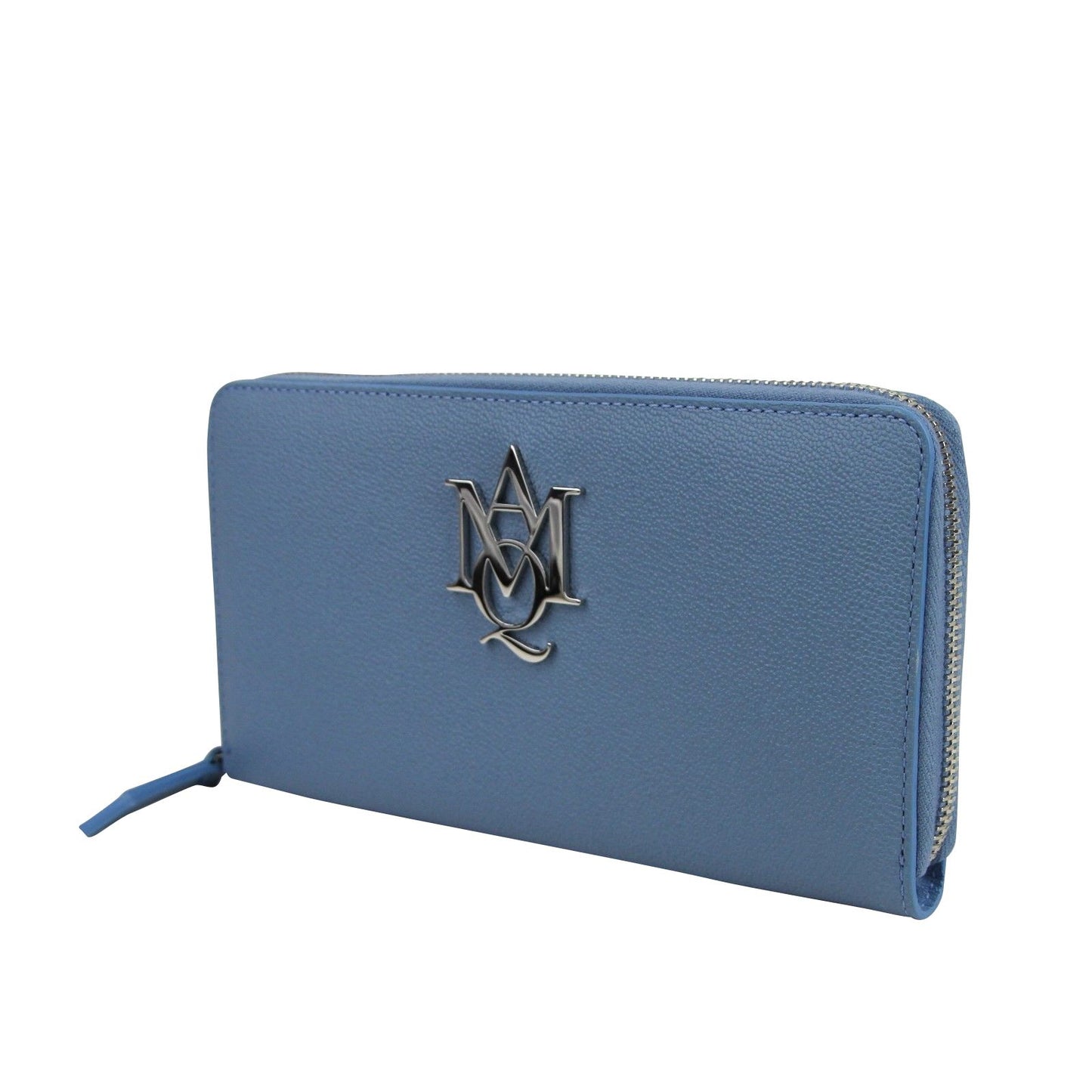 Alexander McQueen Women's Gold Logo Blue Leather Zip Around Wallet