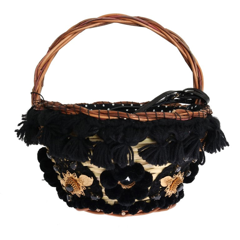 Dolce & Gabbana Beige Straw Snakeskin Pom Pom Crystal AGNESE Bag