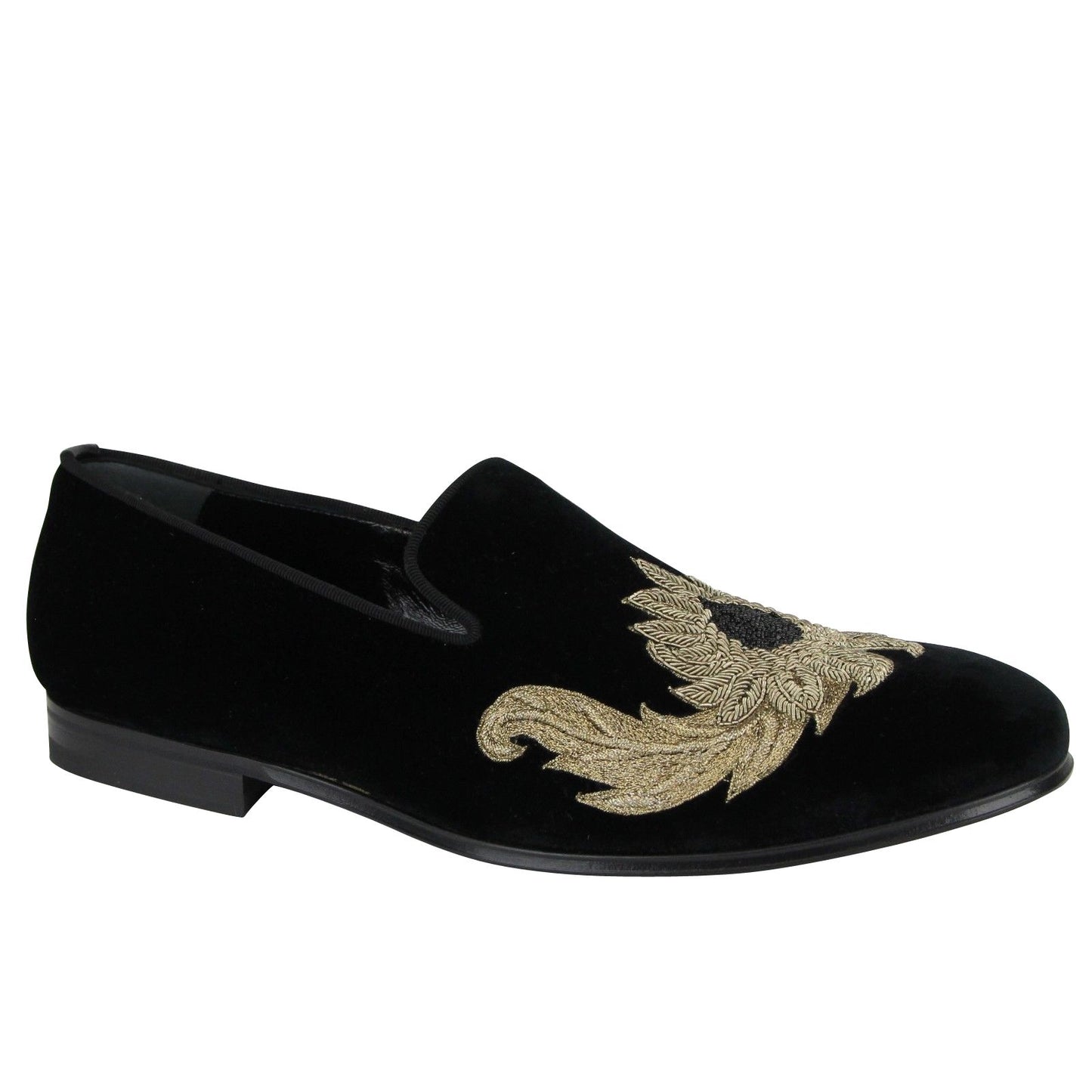 Alexander McQueen Men's Gold Embroidered Detail Black Velvet Slip On Shoes