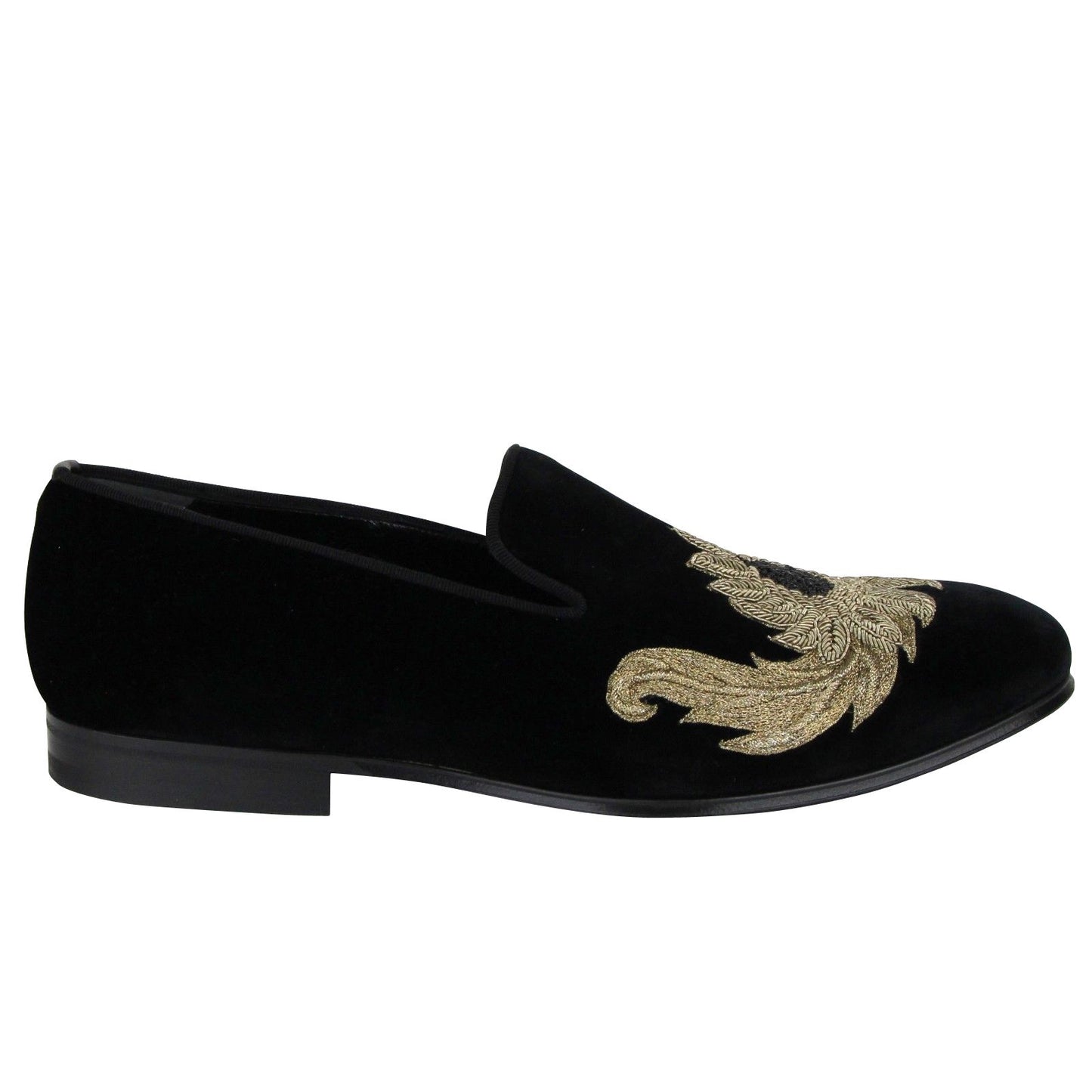 Alexander McQueen Men's Gold Embroidered Detail Black Velvet Slip On Shoes