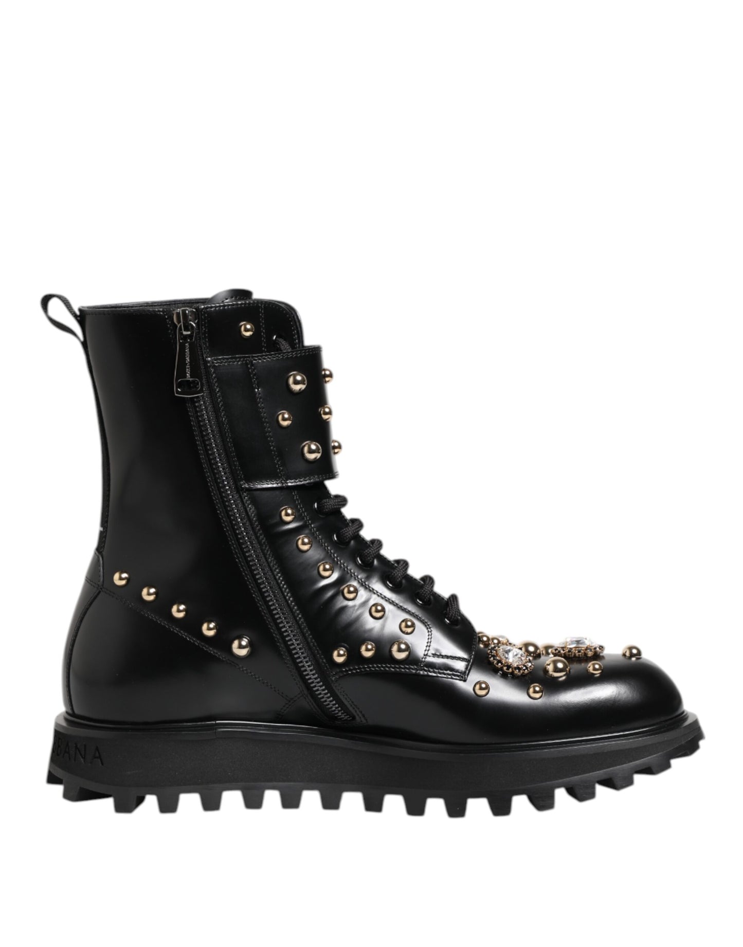 Dolce & Gabbana Black Studded Lace Up Mid Calf Boots Shoes