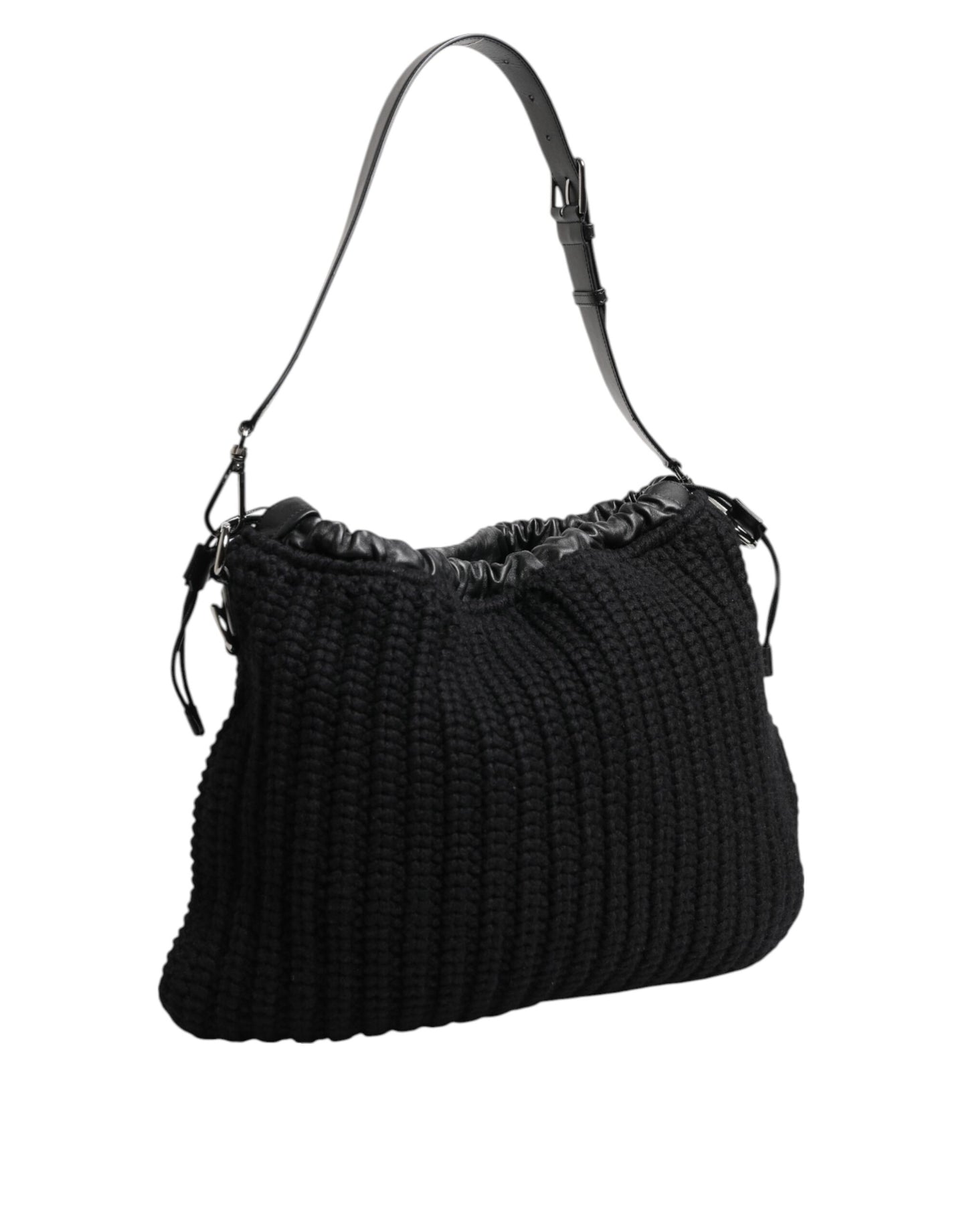 Dolce & Gabbana Black Cashmere Knitted Leather Shoulder Women Borse Bag