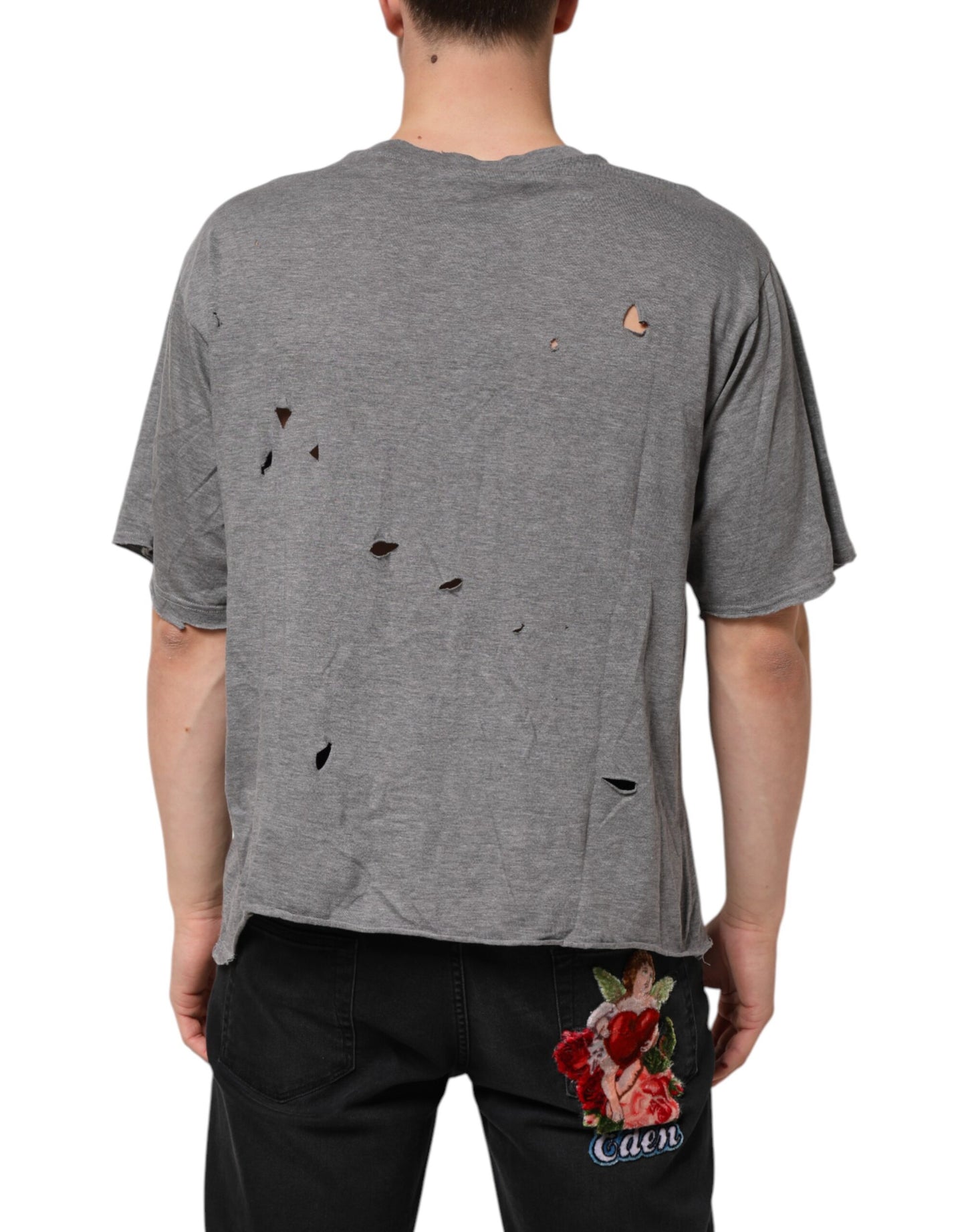 Dolce & Gabbana Gray Cotton Tattered Logo Patch Men T-shirt