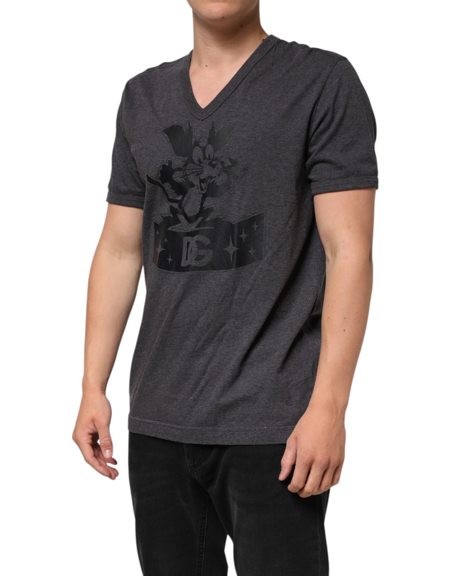 Dolce & Gabbana Black Charcoal DG Logo V-Neck Men T-shirt