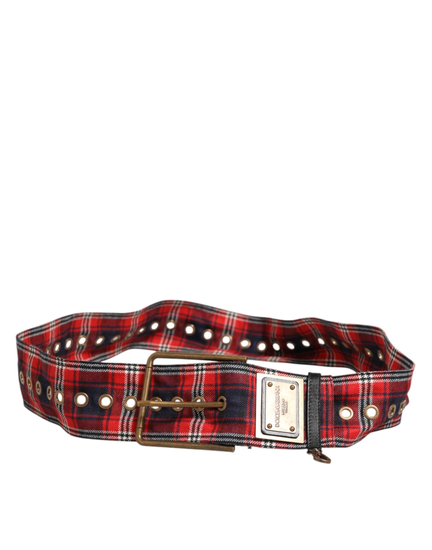 Dolce & Gabbana Red Plaid Fabric Logo Plate Brass Buckle Belt