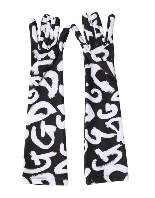 Dolce & Gabbana Black White DG Logo Elbow Length Mitten Gloves