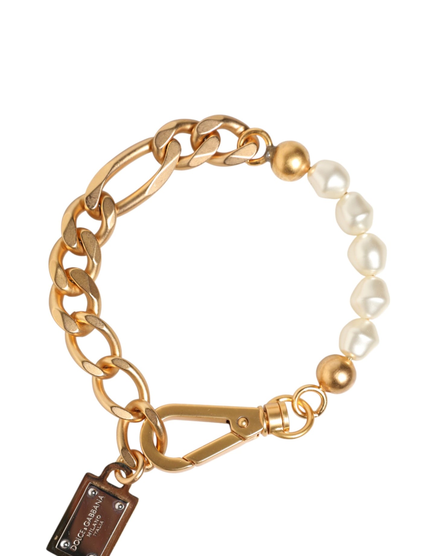 Dolce & Gabbana Gold Tone Brass Faux Pearl Logo Embellish Charm Bracelet