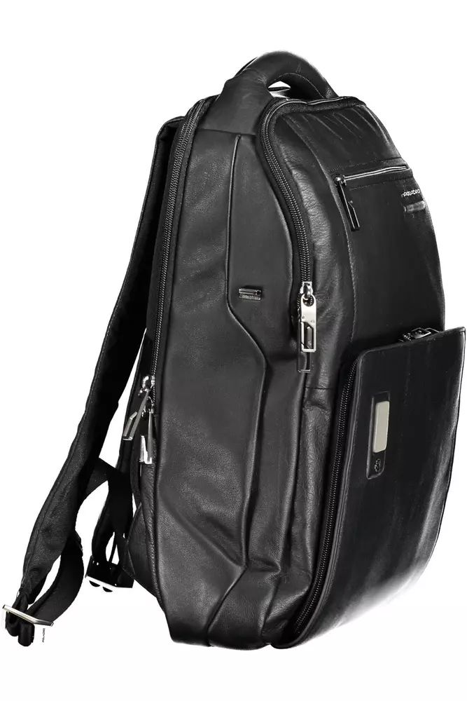 Piquadro Elegant Black Leather Backpack with Combination Lock